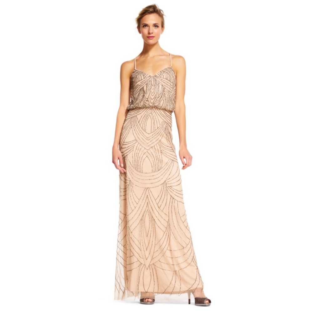 Adrianna Papell BeadEd Blouson Gown - Taupe/ Pink